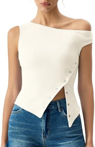 QINSEN Womens Off Shoulder Asymmetrical Tops Diagonal Button-up Closure Split Hem Cropped T Shirt... | Amazon (US)