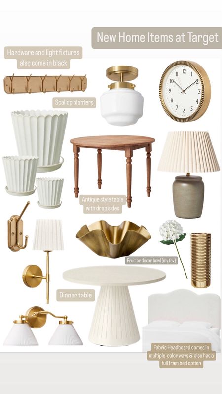 New items at target for your home! Dining table / kitchen tables, faux flowers, vases, a beautiful brass scallop bowl for fruit or decor, light fixtures, lamps, scallop planters, brass hardware for an anthro look but less and a stunning scallop headboard that comes in many fabric color options or a full frame bed. Love it all! 

#LTKfindsunder50 #LTKfindsunder100 #LTKhome