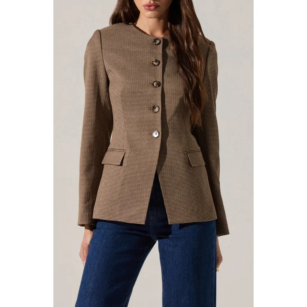 ASTR the Label Bellemere Houndstooth Jacket in Brown Houndstooth at Nordstrom Rack, Size Medium | Nordstrom Rack