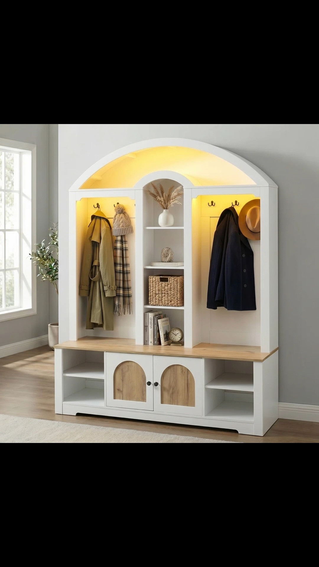 Curved Hall Tree with 6 Hooks & Multiple Storage Spaces, 4-in-1 Entryway Coat Hanger with Shoe Cabinet and 2 Doors for Hallway

#LTKootd #LTKmorningroutine #LTKdayinmylife