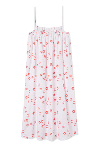 Poplin Ruffle Midi Nightgown in Kisses | LAKE Pajamas