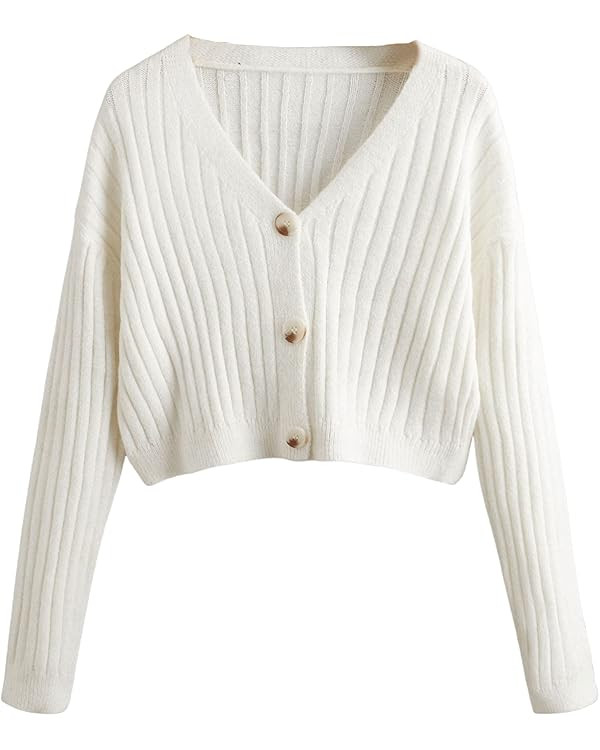SweatyRocks Women's Long Sleeve Button Front V Neck Soft Knit Cardigan Sweaters | Amazon (US)