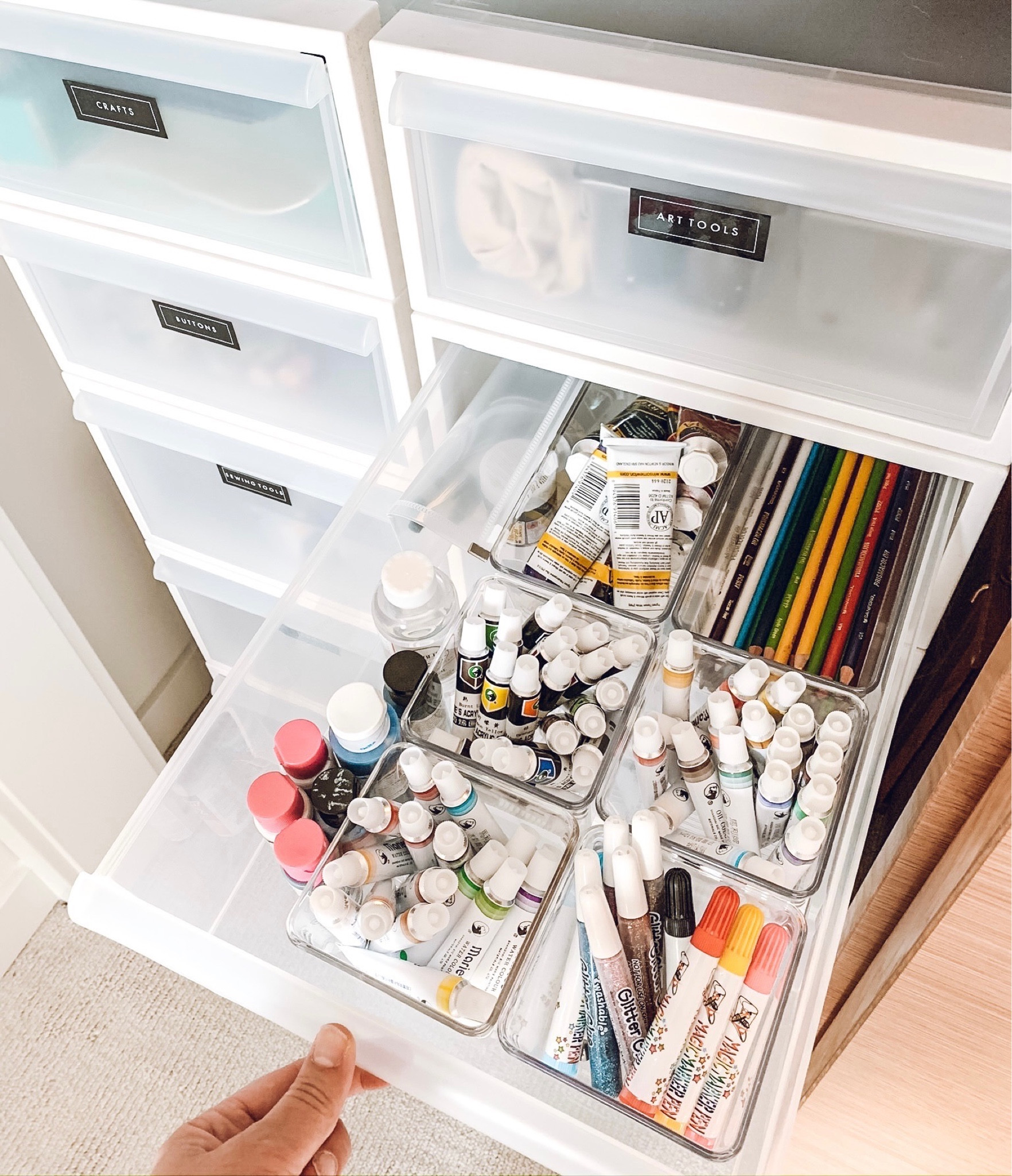 Paint + coloring pencils + glitter pens organization. Like-It modular drawer. Amazon paint sticks✨ 

#LTKhome #LTKkids #LTKfamily