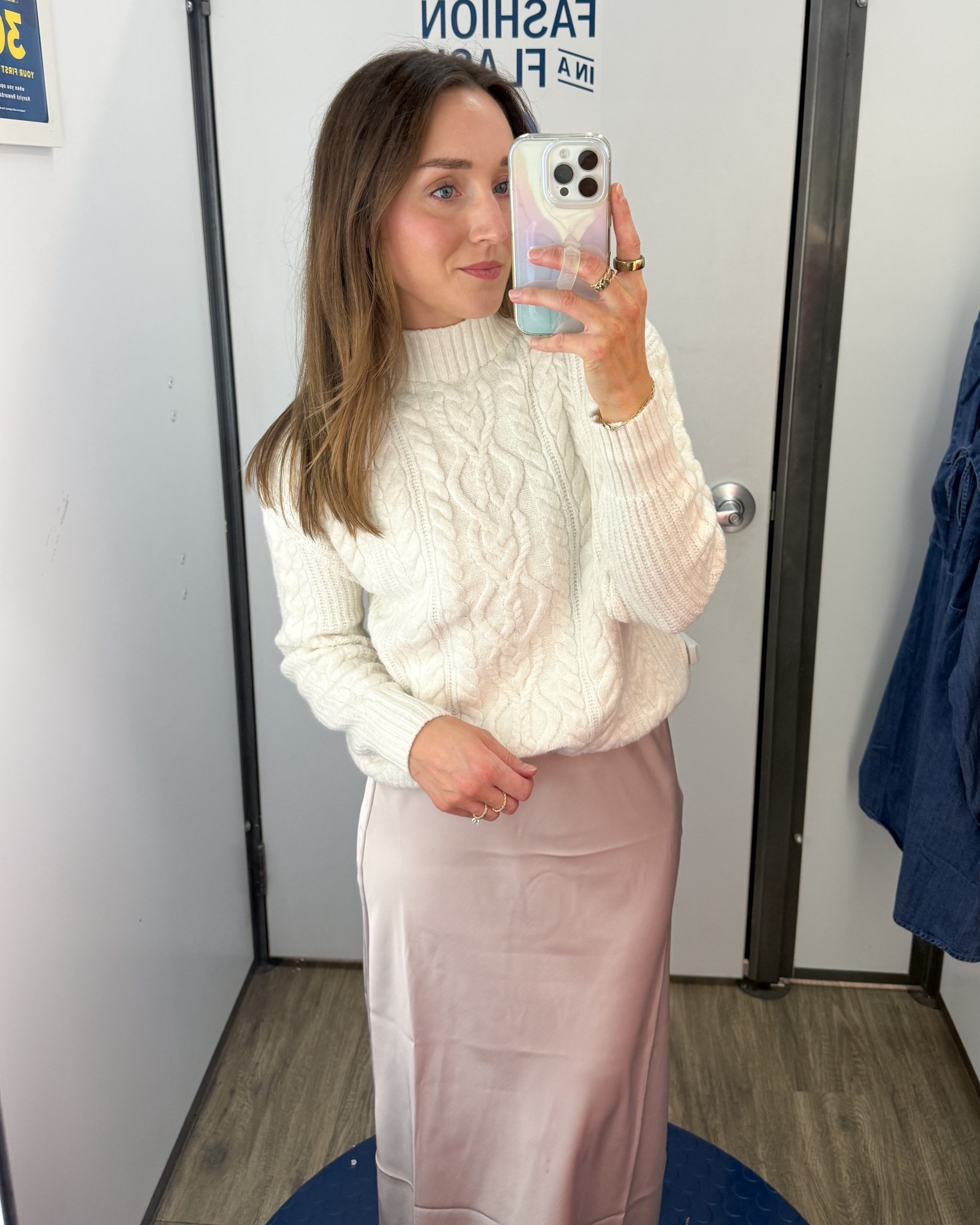 This sweater is nice and thick and isn’t itchy. Wearing small. This satin skirt is pretty but needed a steam real bad. Wearing an XS.