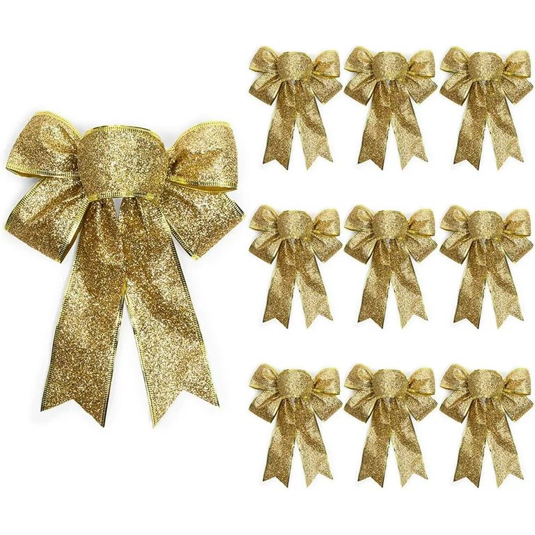 10 Pack Gold Glitter Wreath Bows for Christmas Outdoor Decorations, Organza Twist Tie Ribbons for... | Walmart (US)