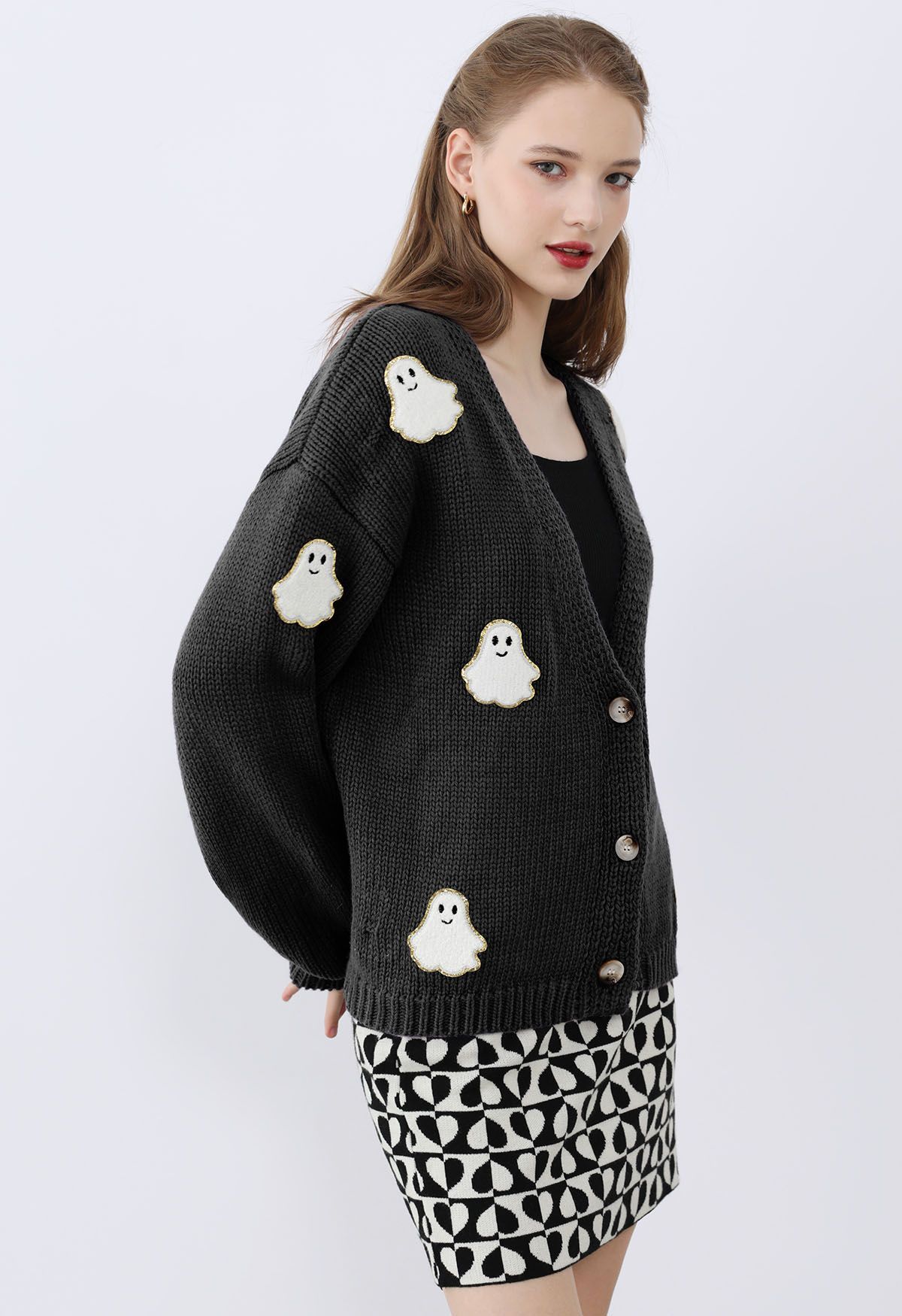 Halloween Ghost Patch Buttoned Knit Cardigan in Black | Chicwish