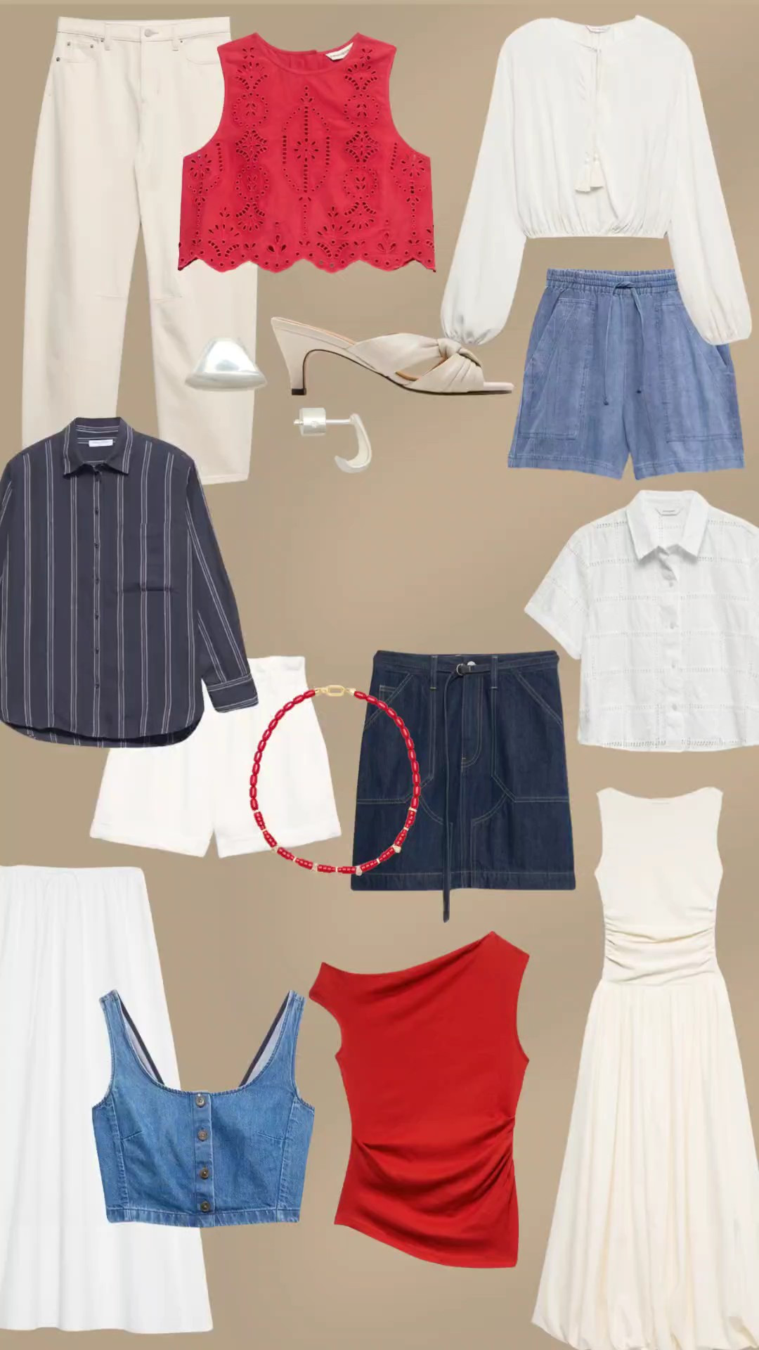 Banana Republic 4th of July outfit inspo. Summer style. Red white blue. Short sleeve sweater. Bandana. Red flip flops. Shorts. Denim vest. White midi skirt. Linen. Denim shorts. Casual 4th of July. Strapless top. Red pants. Button down. Midi striped dress. Polo. Patchwork dress. Cardigan. Red crochet eyelet top. White heels. 

#LTKSeasonal #LTKSaleAlert