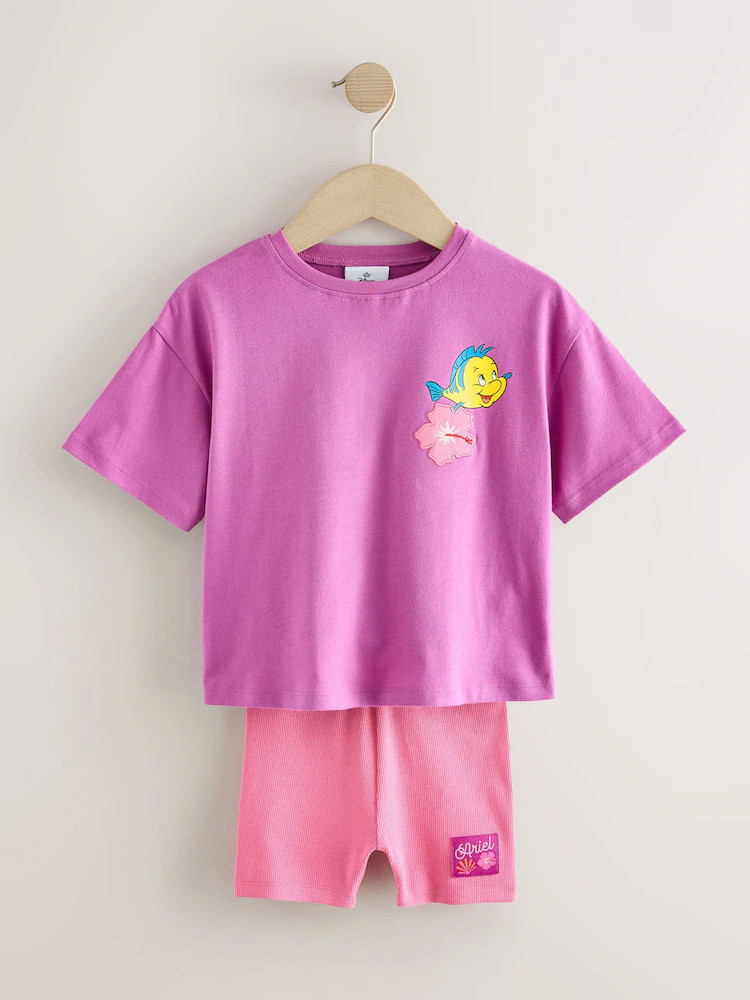 Purple Disney Little Mermaid Short Sleeve T-Shirt and Rib Cycle Shorts Set (3mths-7yrs) | Next US
