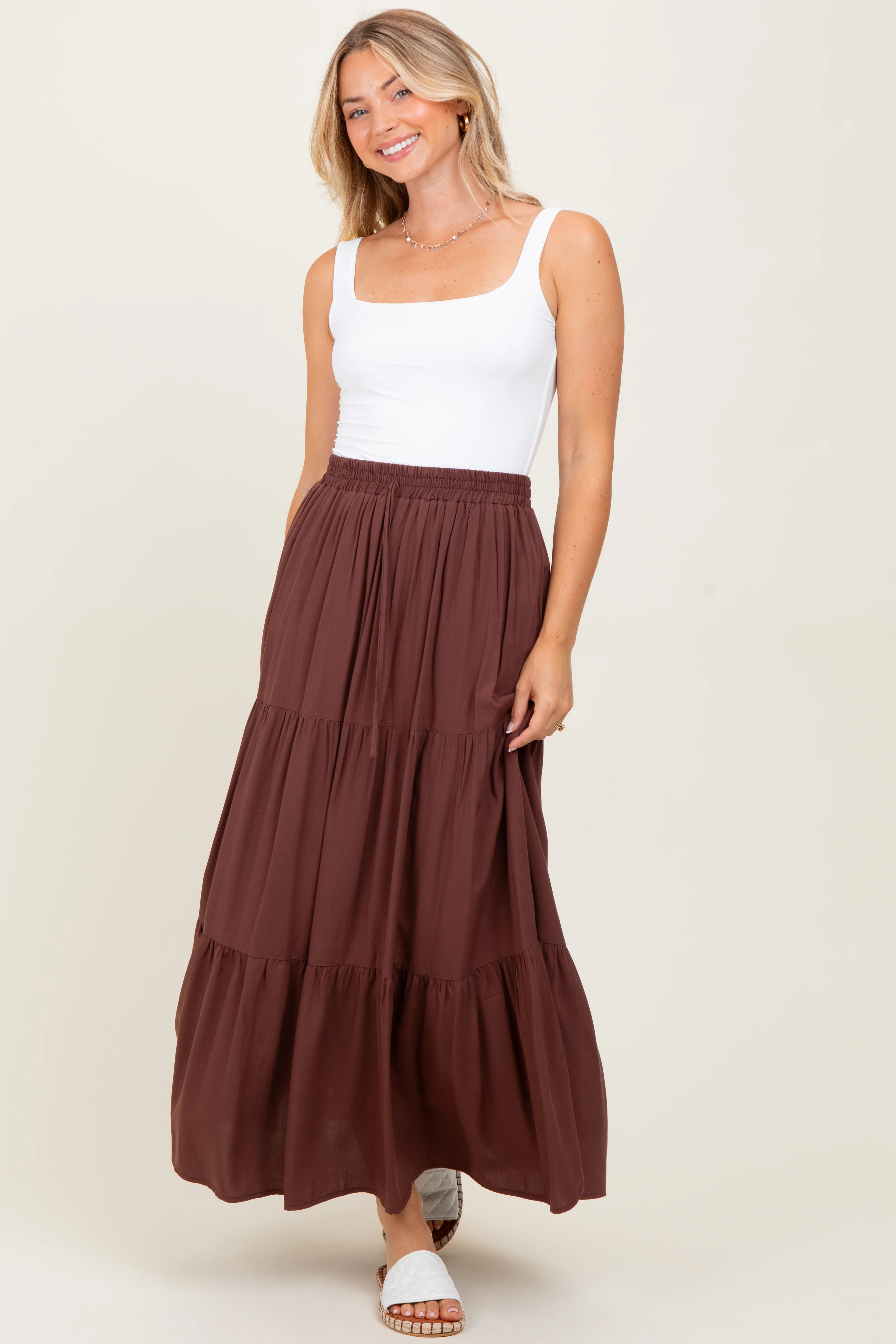 Brown Drawstring Tiered Maxi Skirt | PinkBlush Maternity