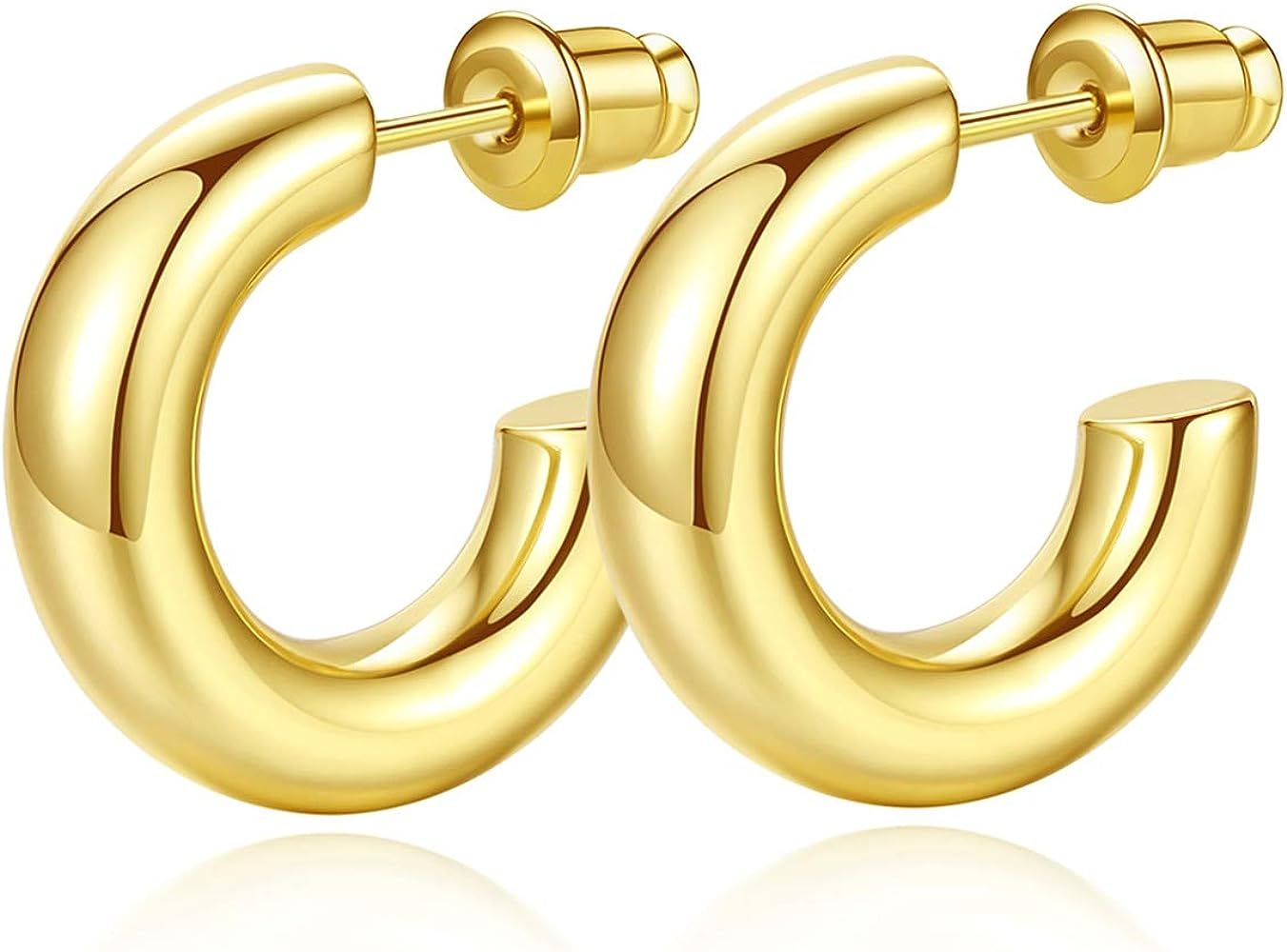 Howoo 14K Gold Plated Chunky Gold Hoops High Polished Gold Hoop Earrings for Women | Amazon (US)