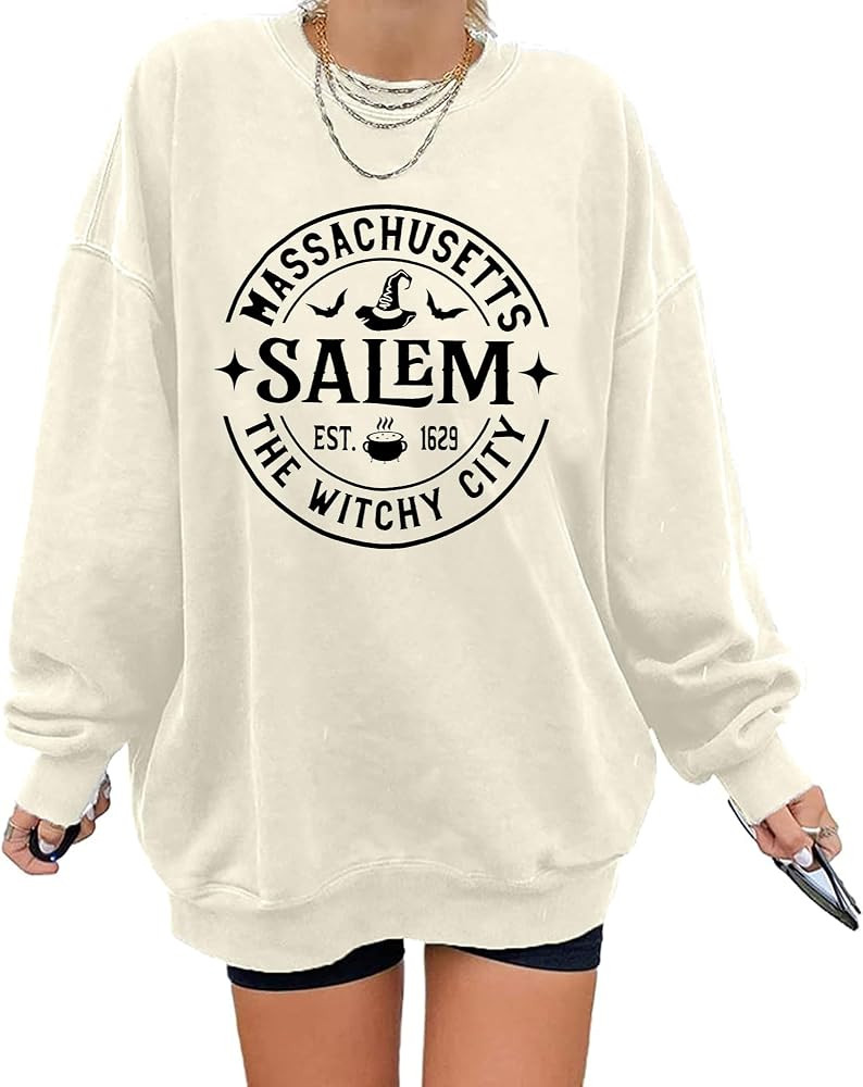 VILOVE Womens Halloween Ghost Sweatshirt: Oversized Sequin Spooky Graphic Shirts Long Sleeve Crew... | Amazon (US)