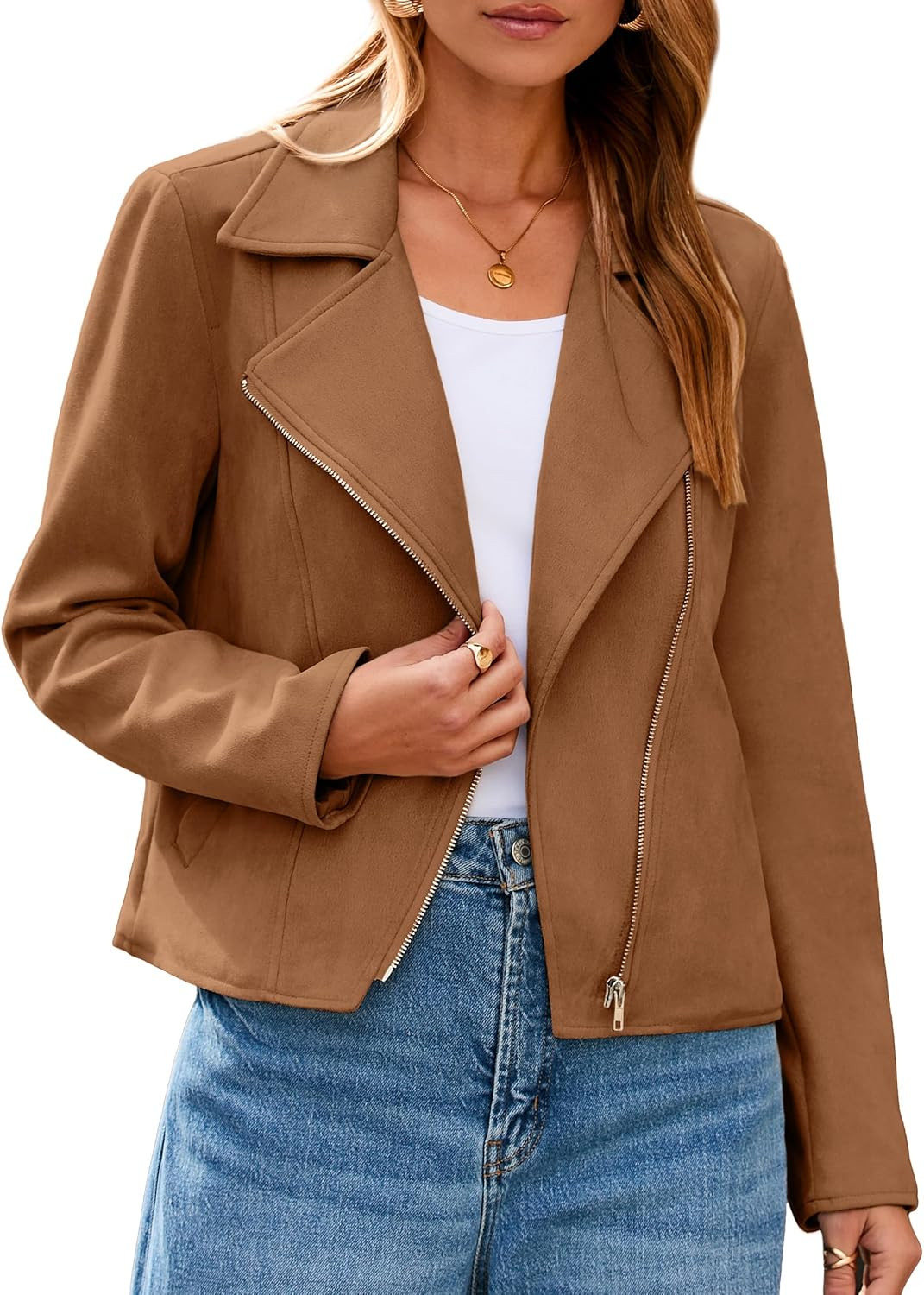 Glamaker Womens Faux Suede Jackets Long Sleeve Casual Cropped Zipper Biker Moto Jacket Fall Winter Outfits | Amazon (US)