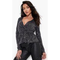 Womens Sequin Wrap Belted Top - Black - 6, Black | Boohoo.com (UK & IE)