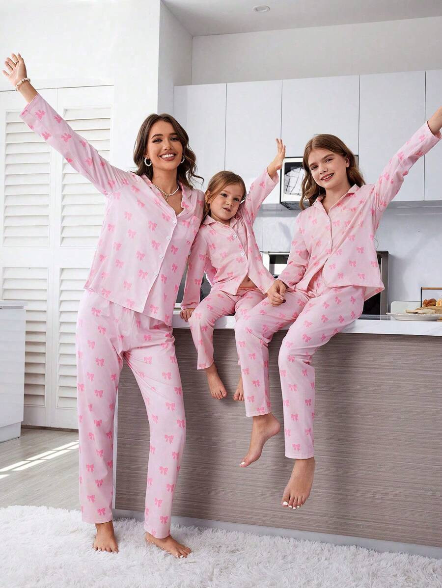 Young Girl 2pcs Pajama Set, Pink Bow Collar Long Sleeve Top And Pants, Casual Comfortable Homewea... | SHEIN