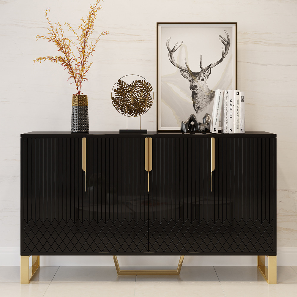 Aro Modern Black Wood Sideboard Cabinet 4 Doors for Kitchen Storage 60" Wide | Homary