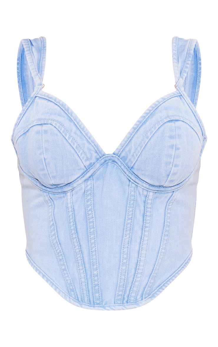 Light Blue Wash Dip Hem Bust Cup Denim Corset | PrettyLittleThing US
