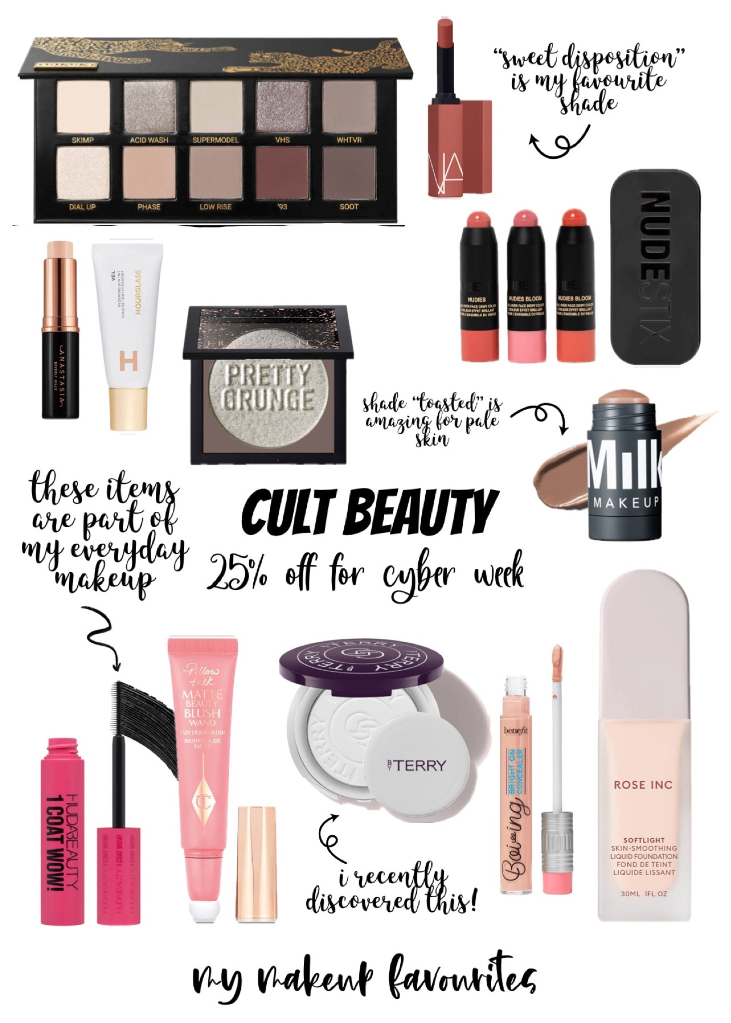 cultbeauty has up to 25% off makeup this cyber week so summarising items i absolutely love here. the bottom row of products are part of my current everyday makeup routine ☺️. 

#LTKCyberWeek #LTKsalealert #LTKCyberSaleUK