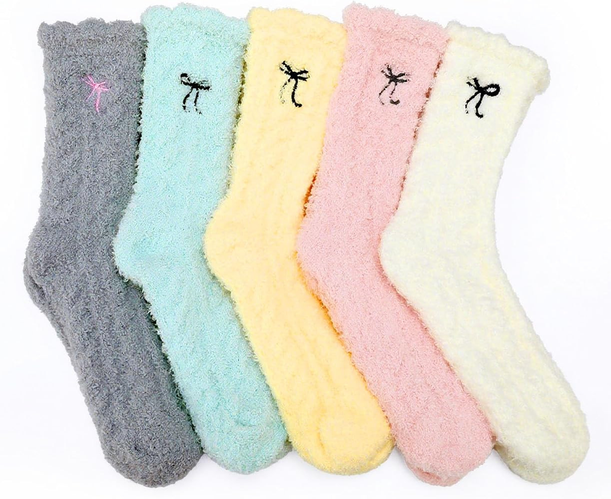 Jspupifip 5 Pairs Fuzzy Socks for Women Fuzzy Cozy Home Sleeping Socks with Bow Design Winter War... | Amazon (US)