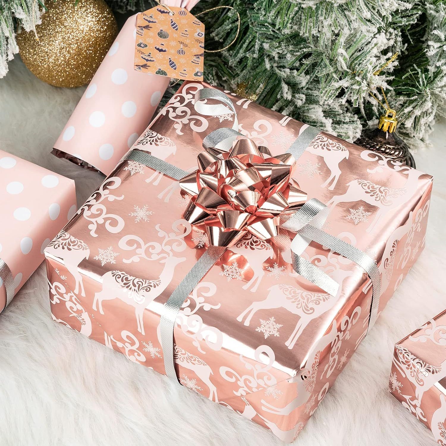 MAYPLUSS Christmas Reversible Wrapping Paper Jumbo Roll - 30 Inches x 100 Feet - Rose Gold Reinde... | Amazon (US)