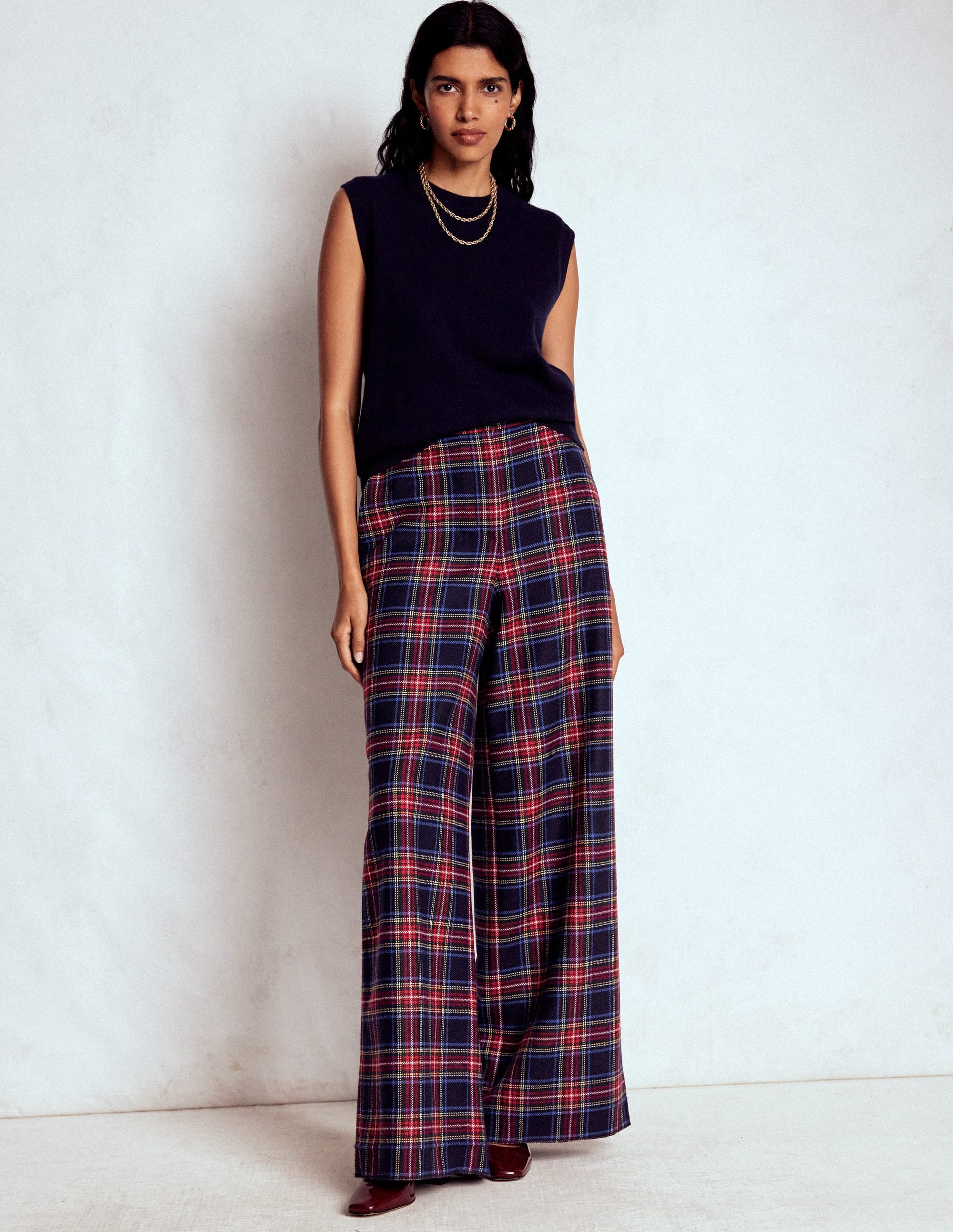 Belgravia Wool Trousers-Navy, Green and Red Check | Boden UK
