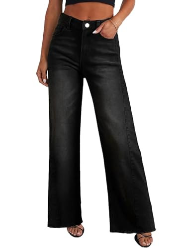 PRETTYGARDEN Wide Leg Jeans for Women Trendy High Waisted Stretchy Baggy Raw Hem Denim Palazzo Pants 2026 Spring Fall Clothes (Black,8) | Amazon (US)