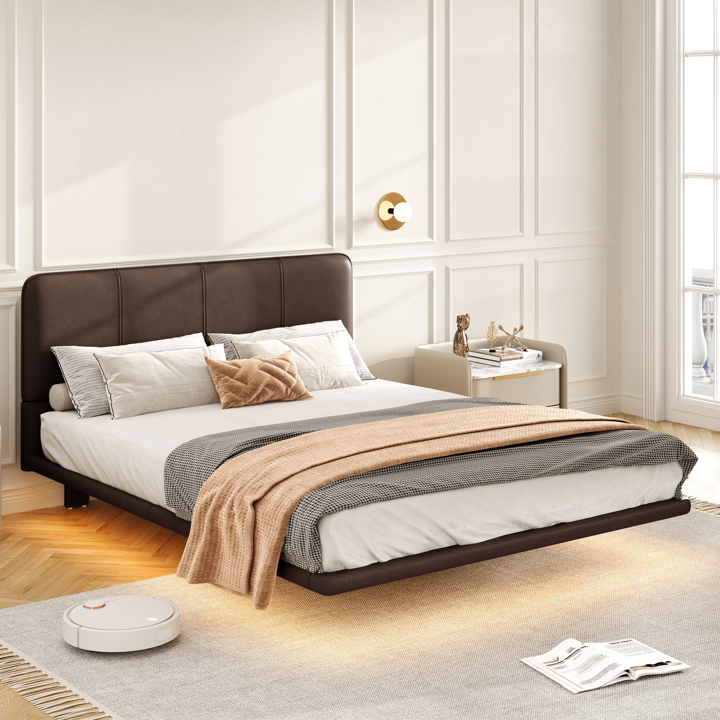ModernLuxe Floating Bed Frame with LED Light Modern PU Leather Platform Bed No Boxing Spring Needed Assemble Easily Full Size | L3P-N761P206085C | Lowe's