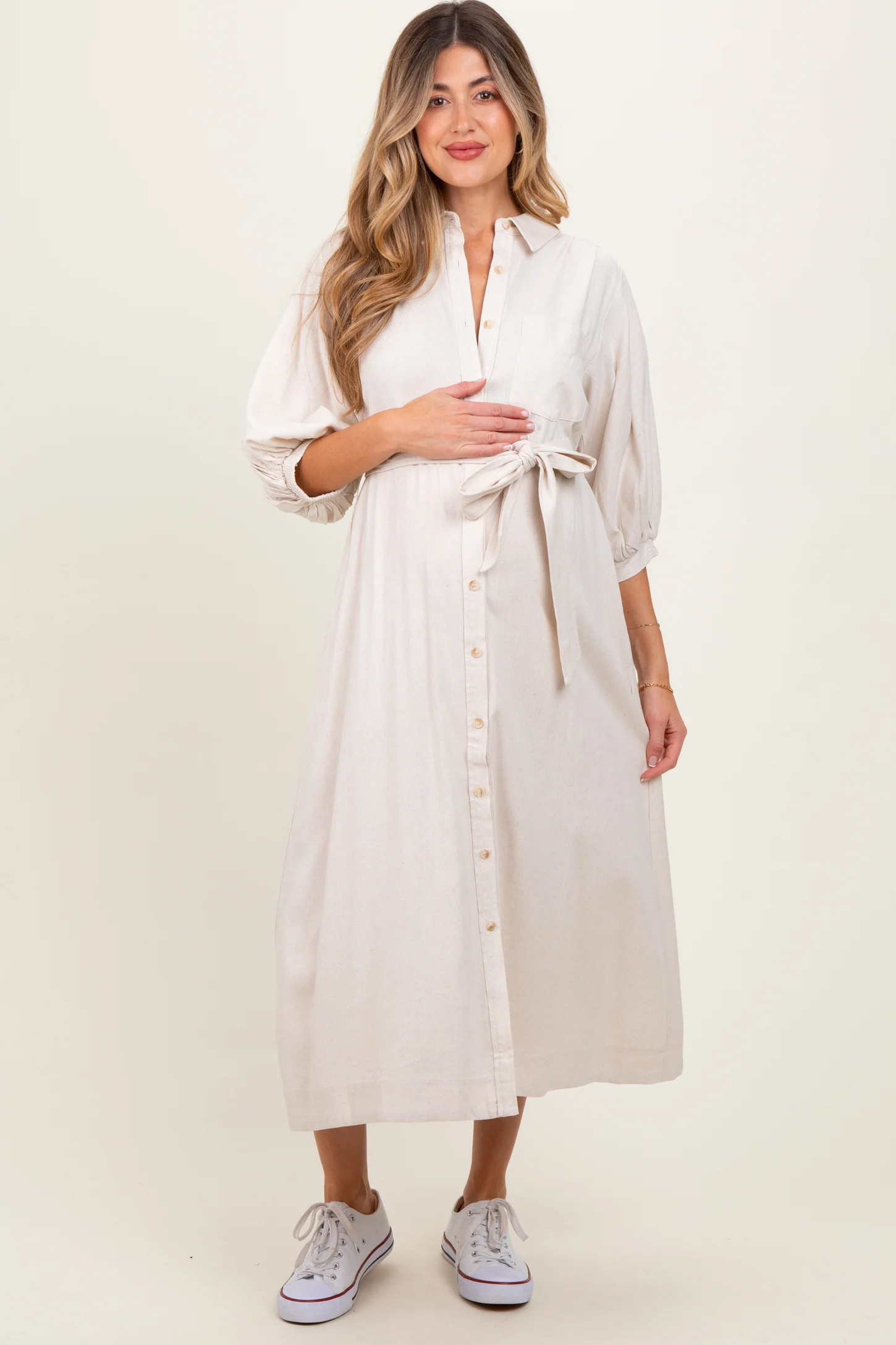 Beige 3/4 Bubble Sleeve Maternity Midi Shirt Dress | PinkBlush Maternity