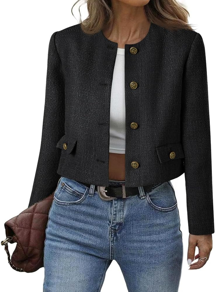 Cicy Bell Womens Cropped Tweed Blazer Collarless Button Down Bomber Jacket Business Casual Fall O... | Amazon (US)
