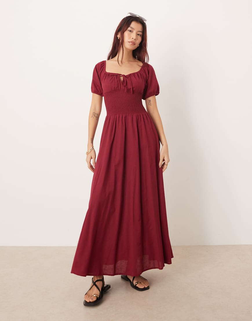Esmee puff sleeve tie front maxi beach dress in cherry red-Purple | ASOS (Global)