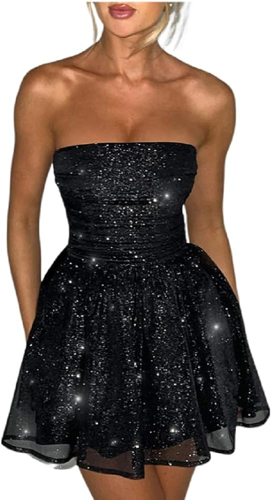 AIBEARTY Women's Sexy Glitter Off Shoulder Mini Dress Shiny Strapless Pleated A Line Dress for Pa... | Amazon (US)
