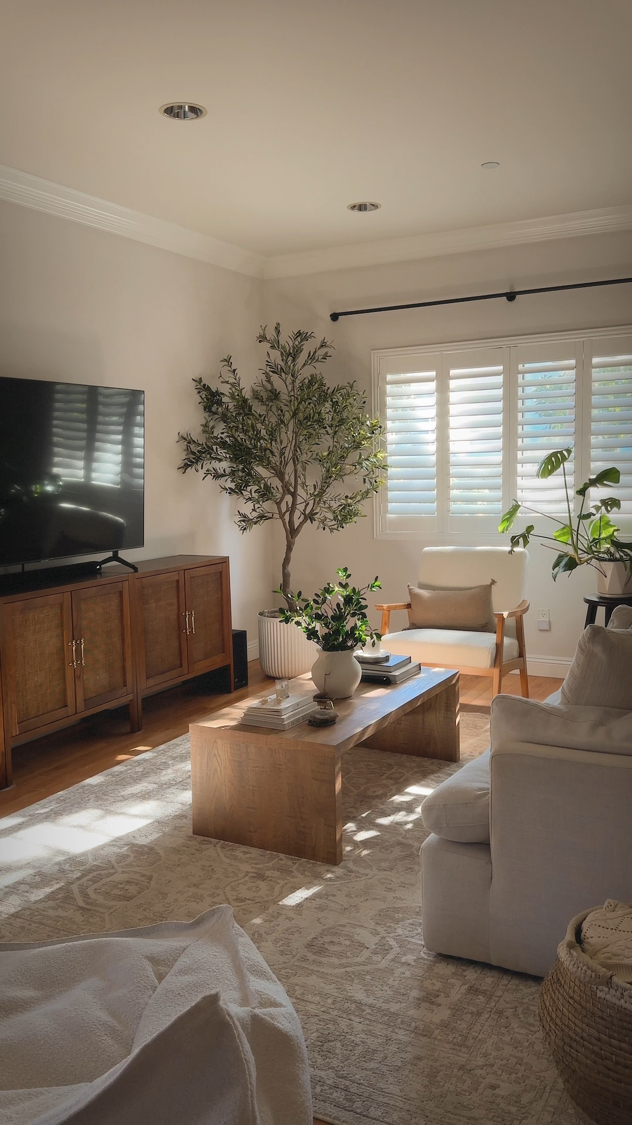 living room details:

Olive Tree 
- Amazon tree
- Spanish moss (2 packs)
- Walmart planter

Coffee table
- Amazon woodtable
- Amazon faux leaves/greenery
- Home Goods vase / pot
- West Elm stone coasters

TV Console
- Target cabinets (3x)
- Amazon gold handles

Chair/Couch
- Amazon accent reading chair
- Target throw pillows

#LTKSaleAlert #LTKVideo #LTKHome