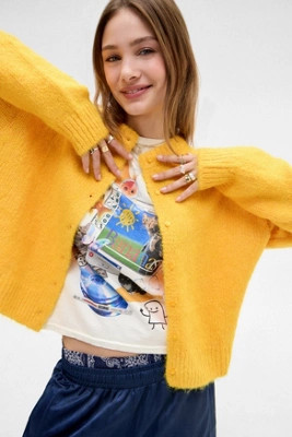 UO Dakota Knit Cardigan - Gold L at Urban Outfitters | Urban Outfitters UK