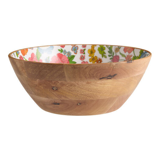 Large White Multicolor Floral Enamel Wood Serving Bowl by World Market | World Market