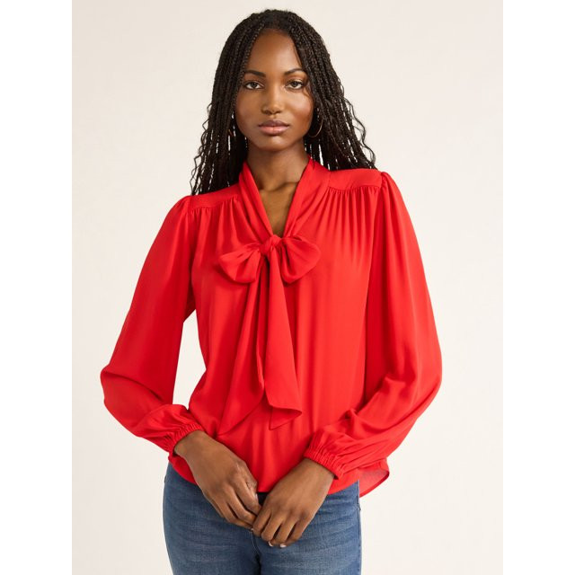 Sofia Jeans Women's Bow Blouse with Long Sleeves, Sizes XS-XXXL | Walmart (US)