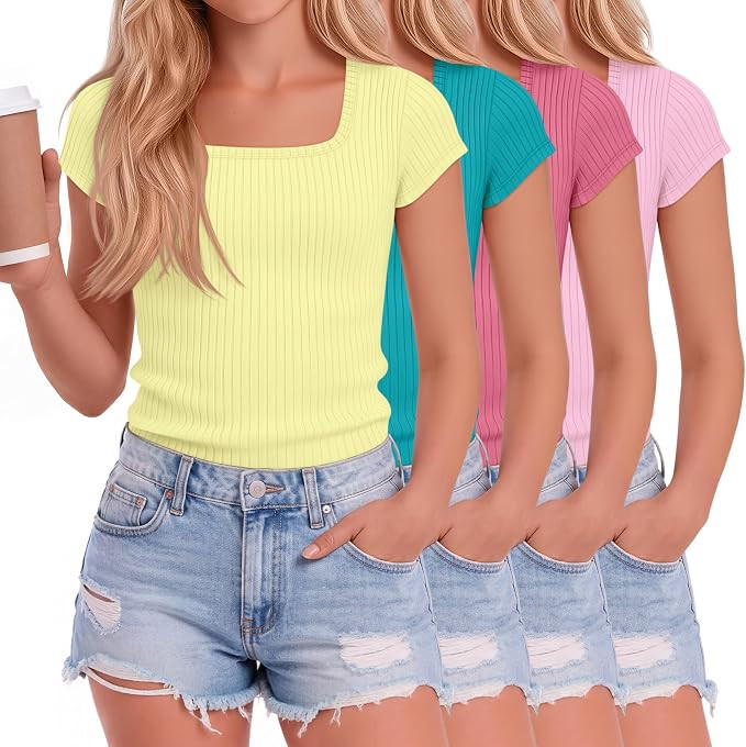 Oakgarden 4 Pack Girls Short Sleeve Shirts 5-14 Years Ribbed Square Neck Cap Sleeve Tops Slim Fit... | Amazon (US)