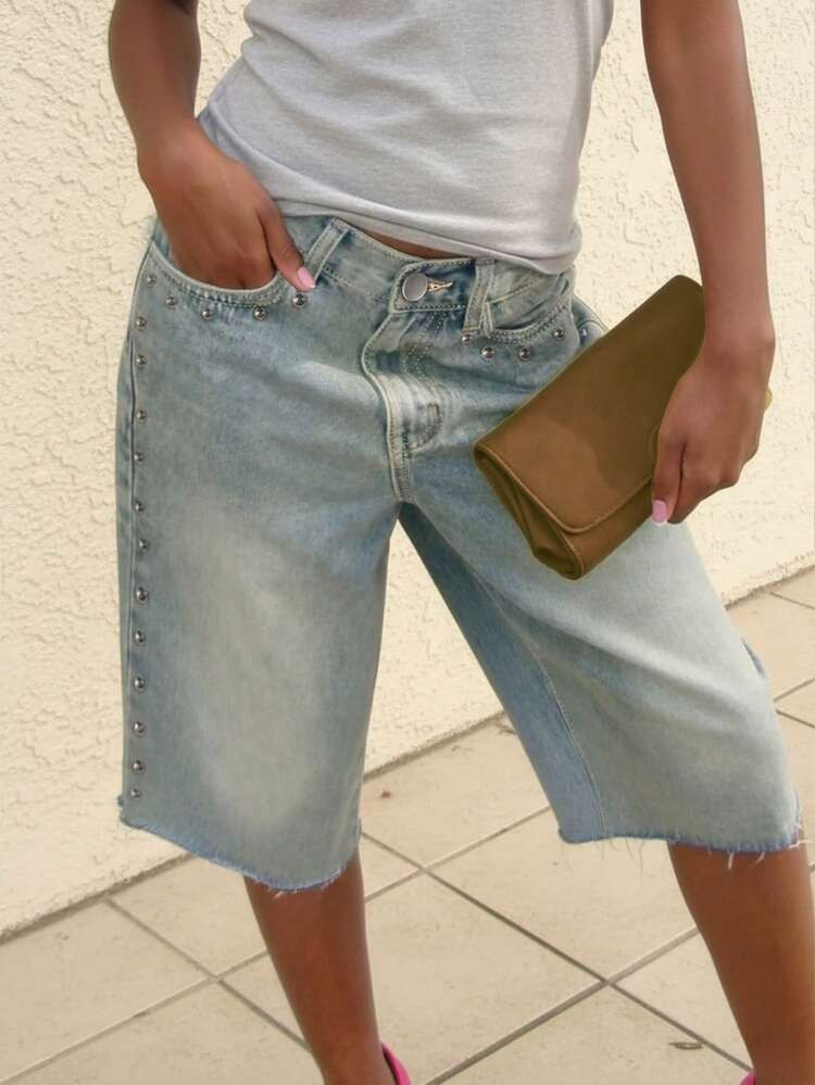 Women's Non-Stretch Straight Leg Light Wash Bermuda Denim Shorts With Beaded Details And Pockets,... | SHEIN