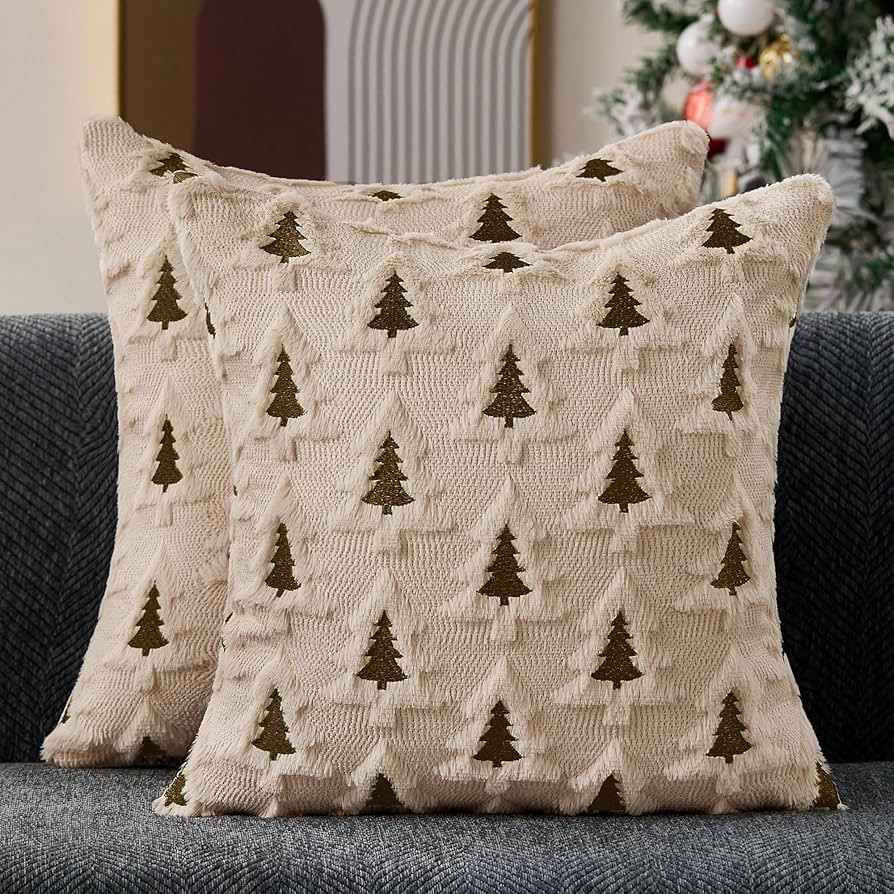 Christmas Pillow Covers 18x18 Set of 2 Beige Brown Xmas Tree Pillow Covers Soft Plush Faux Fur Ch... | Amazon (US)
