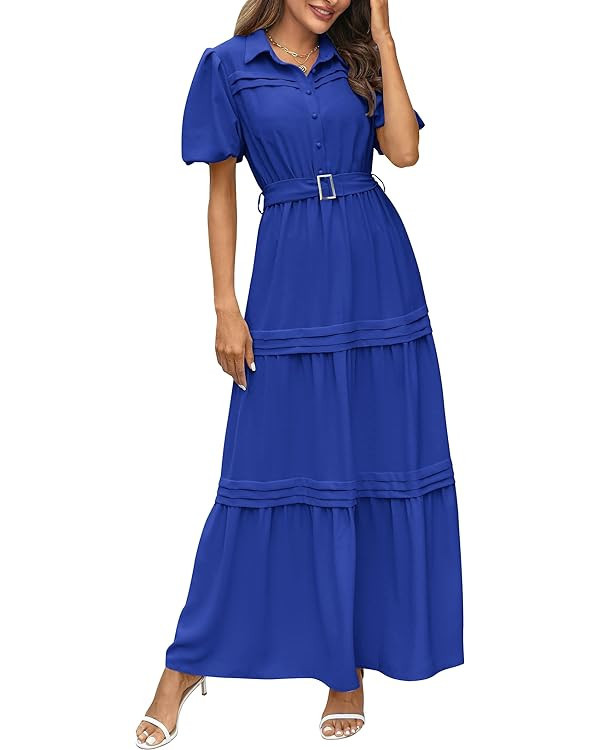 PRETTYGARDEN Women's Summer Maxi Dress Puff Short Sleeve Lapel V Neck Tiered A Line Flowy Elegant... | Amazon (US)