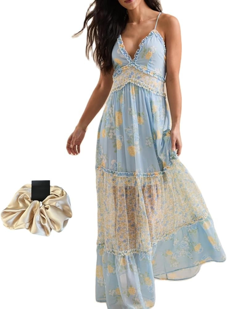 Women's Boho Floral Maxi Dress, Halter Shirred Backless Ruffle Tiered Long Sundress for Summer Be... | Amazon (US)