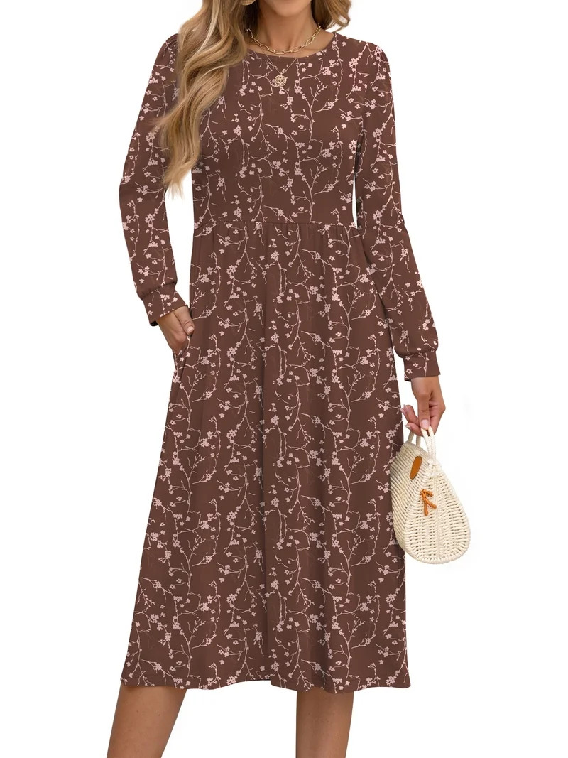 Fantaslook Long Sleeve Midi Dresses for Women Casual Floral Dress Flowy Fall Dresses with Pockets | Walmart (US)