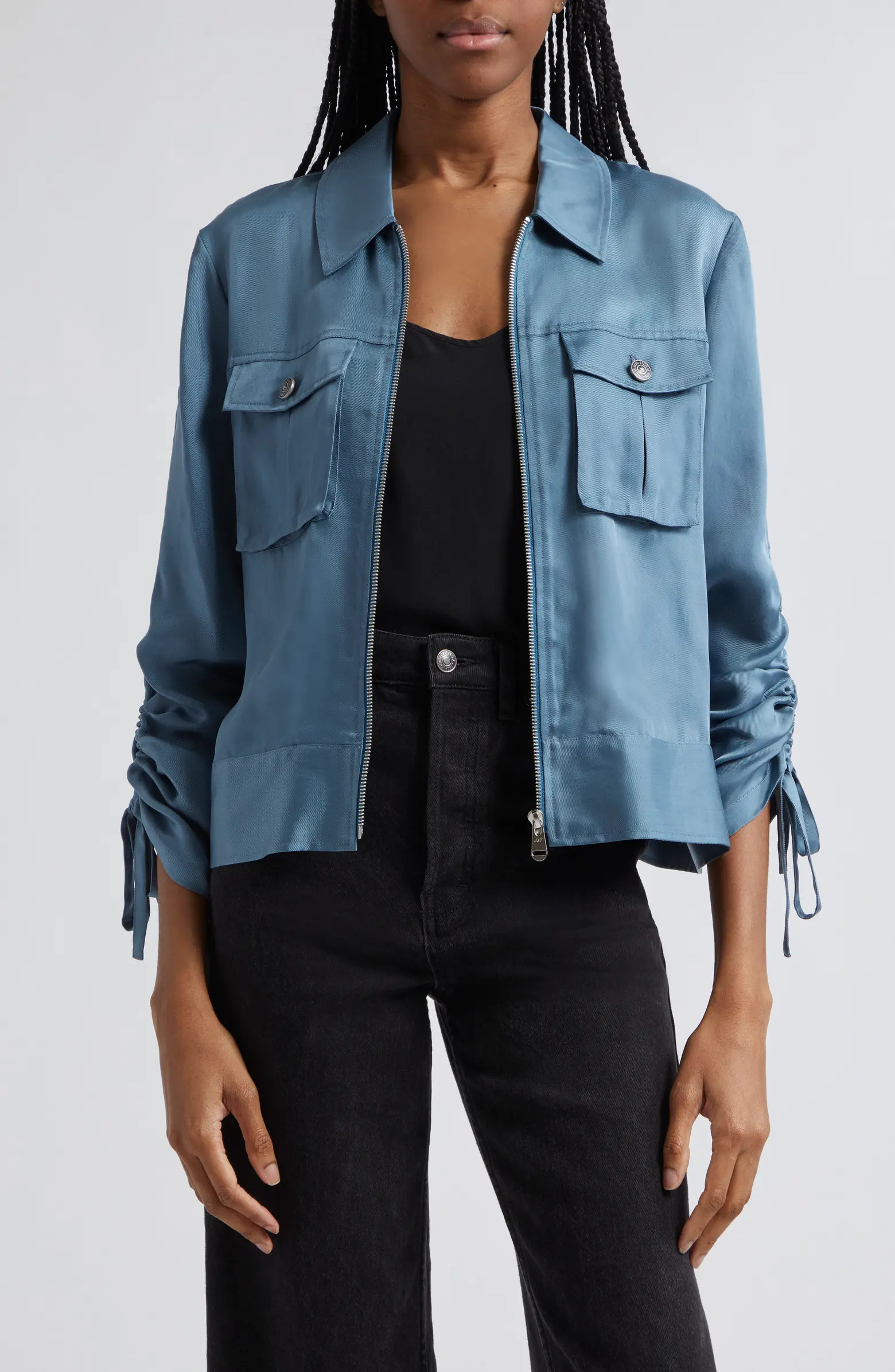 Cinq à Sept Dale Ruched Sleeve Cupro Satin Jacket | Nordstrom | Nordstrom