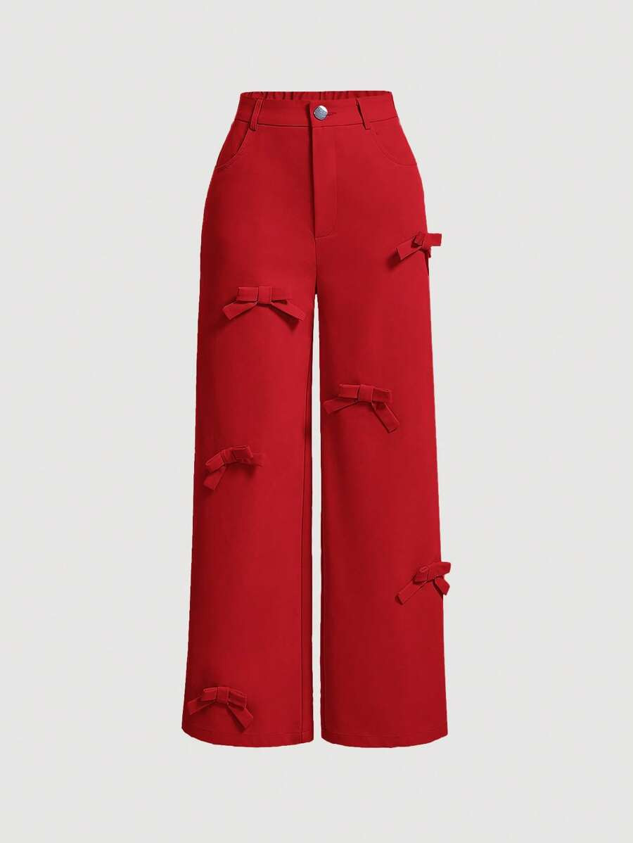 SHEIN MOD Solid Color Bow Decorated Valentine Day Red Pants | SHEIN