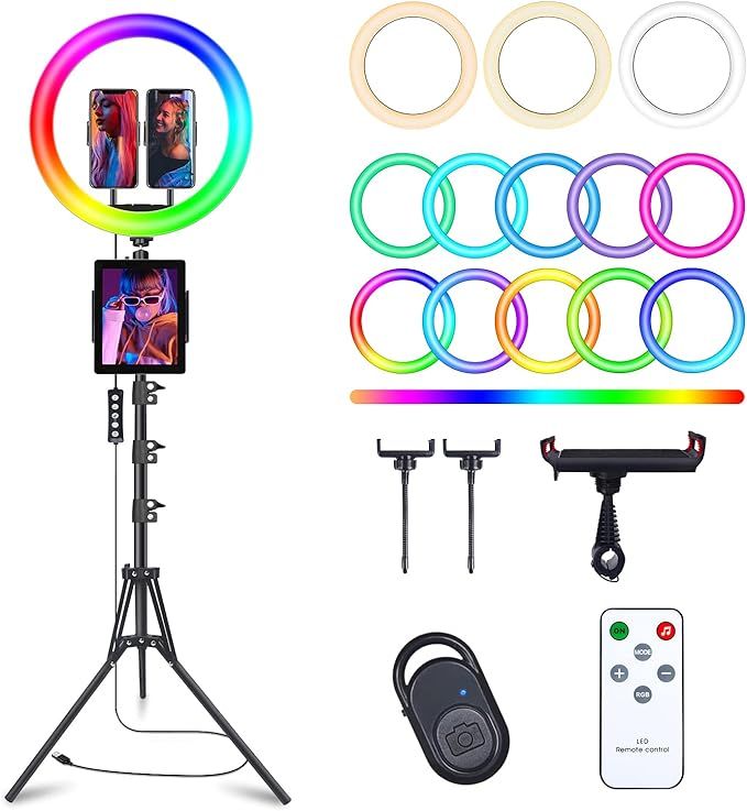 13" Selfie Ring Light with 63" Tripod Stand & 3 Phone Holder, LED Camera Ringlight with 48 RGB Co... | Amazon (US)