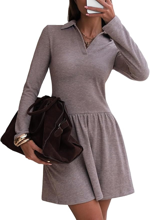 EXLURA Womens Fall Fashion Long Sleeve V Neck Mini Dress Casual Sweatshirt Style A-Line Tennis Dr... | Amazon (US)