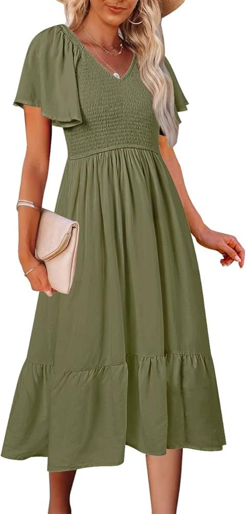 MEROKEETY Women's Summer Casual V Neck Ruffle Sleeve Smocked High Waist Midi Dress with Pockets | Amazon (US)