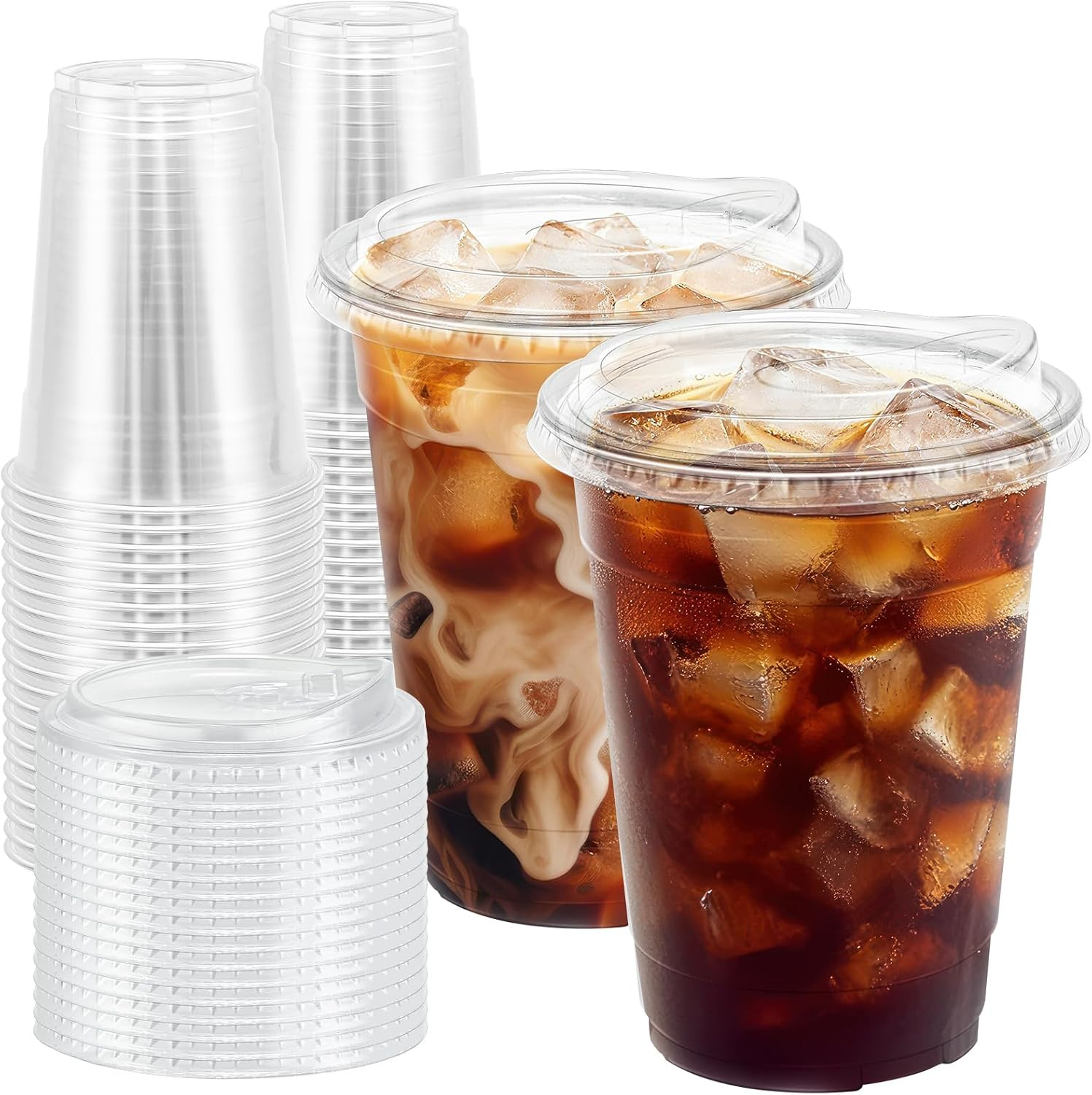 100 Pack 16 oz Clear Plastic Cups with Sip Lids, Iced Coffee Cups | Amazon (US)