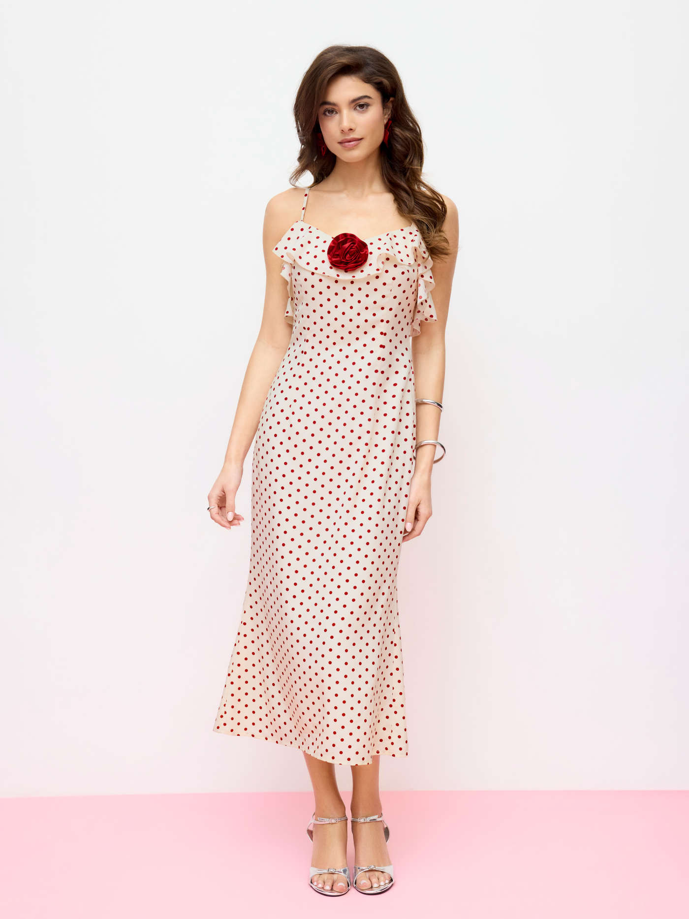Satin Polka Dot V-Neck Ruffle Maxi Dress... | Cider