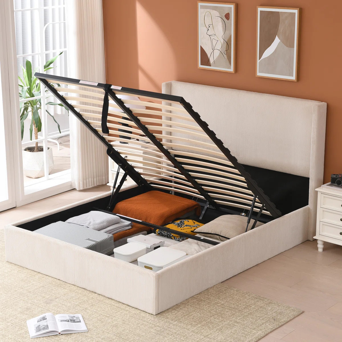 Wauseon Luxury Hydraulic Lift Up Storage Corduroy Upholstered Platform Bed,Modern Wingback Design... | Wayfair North America