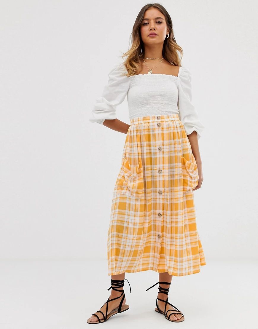 ASOS DESIGN textured gingham midi skirt with button front-Multi | ASOS (Global)