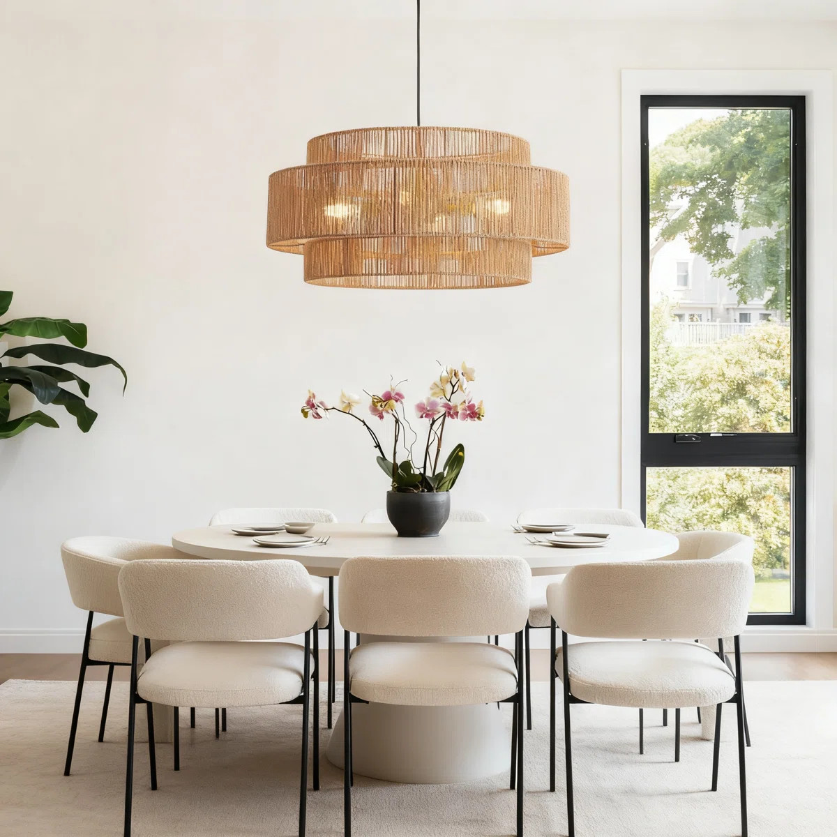 3-Tier Woven Rattan Chandelier With Fabric Shades, Adjustable Bohemian Pendant Light For Dining R... | Wayfair North America